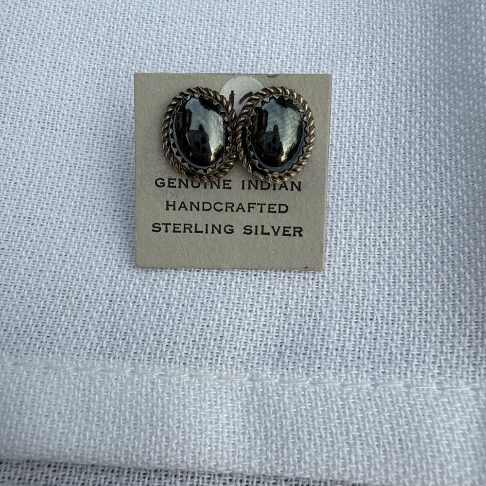 Vintage Navajo Sterling 925 Hematite Oval Rope Border Stud Earrings, Signed "H"